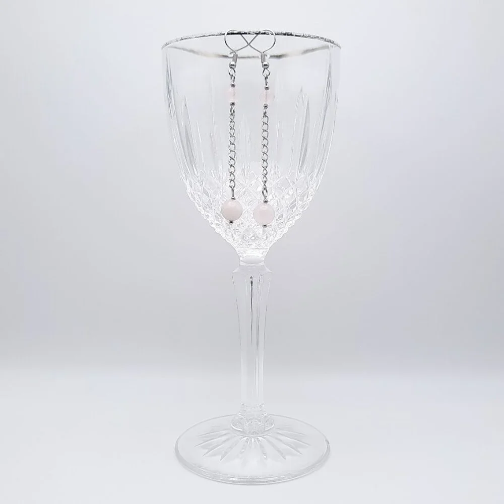 Rose Quartz Chakra Gemstone Pink Dangle Drop Chain Earrings Handmade Jewelry - Picture 3 of 8